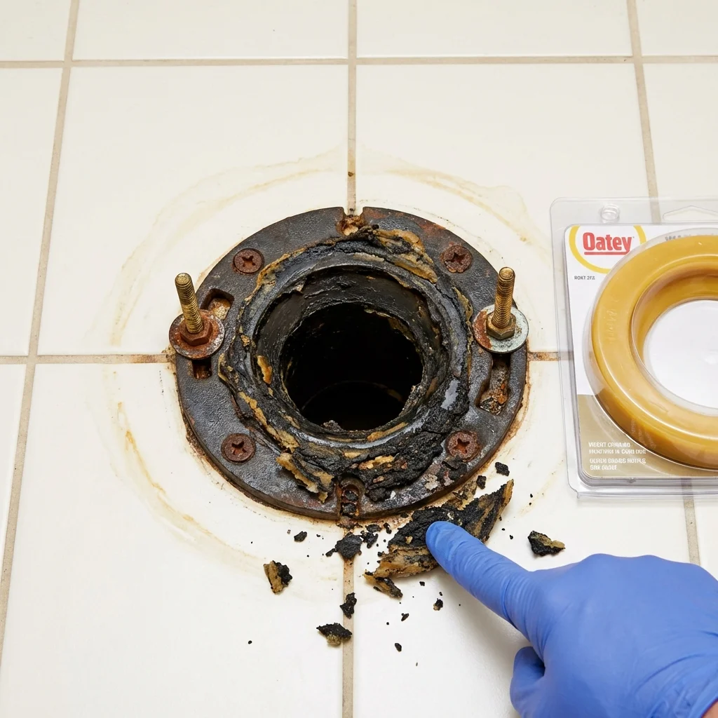 Failed wax ring showing water seepage at the base of a toilet in a Oxford, IN home