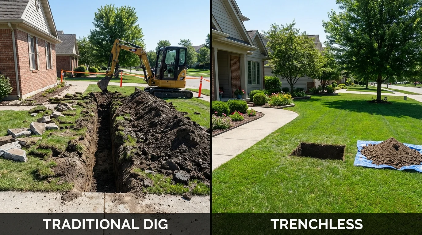 Trenchless sewer repair with minimal yard damage versus traditional excavation in Oxford, IN