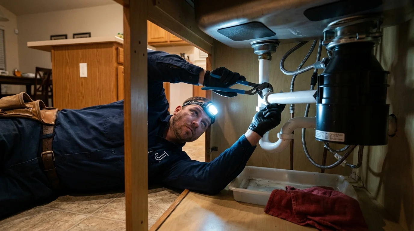 P-trap and supply line connections under a kitchen sink showing a common leak point in Oxford, IN
